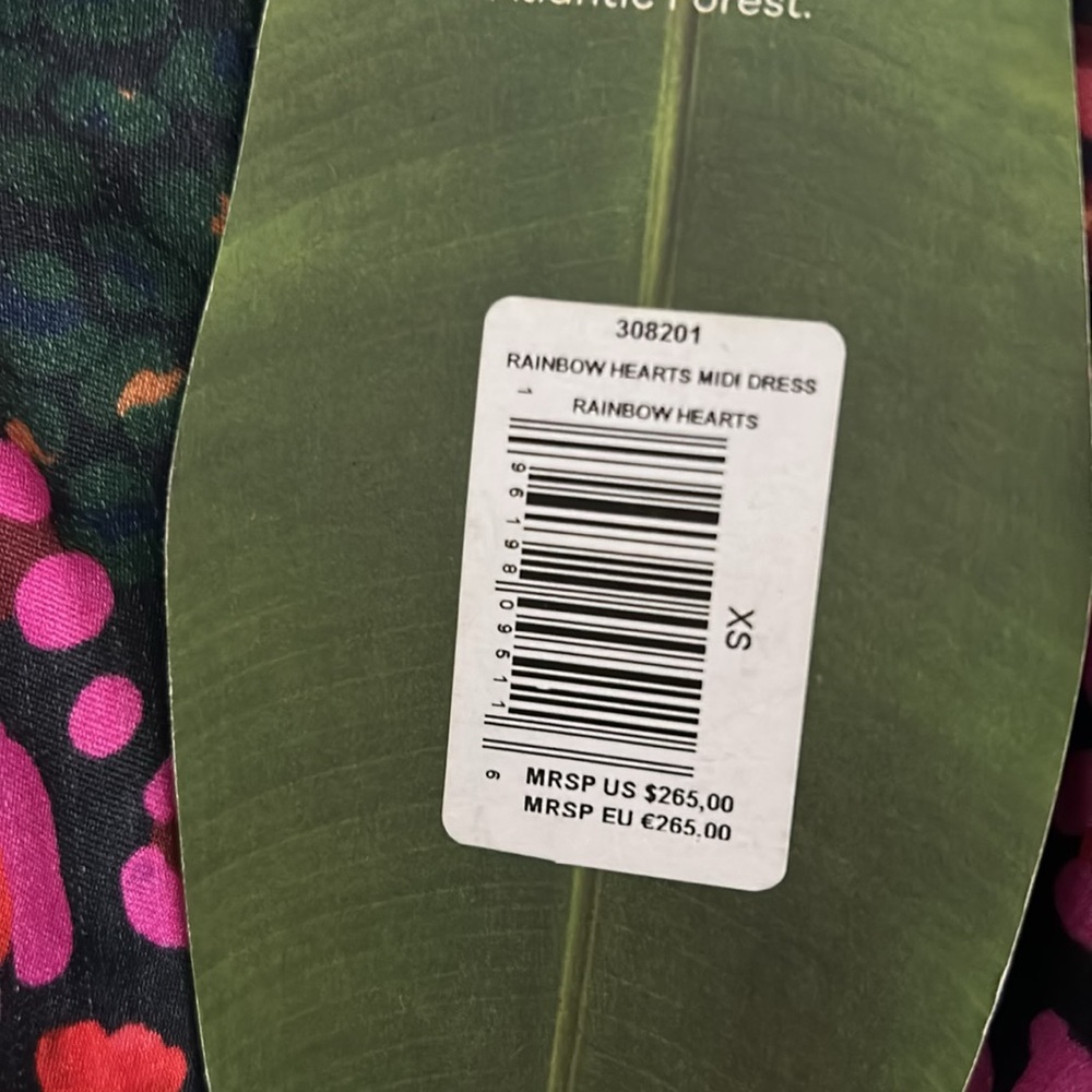 Farm Rio Rainbow Hearts Ruched midi dress.  Women’s size XS. **Broken zipper** - Picture 7 of 11